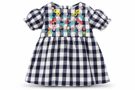 Front view of H&M girls’ blue check a-line, size 12, months