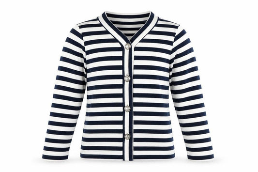 Front view of tong nian shi girls’ blue striped jacket, size 6, years