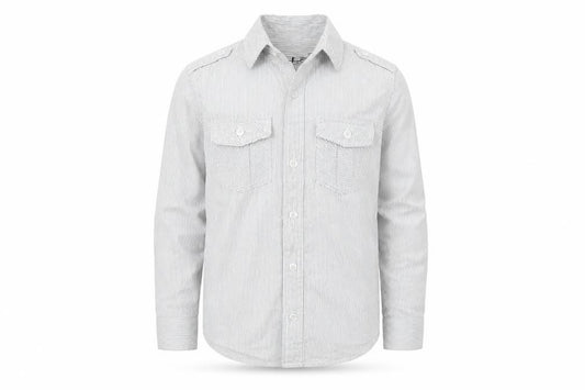 Front view of Rebel boys’ grey striped basic button-up, size 7-8, years