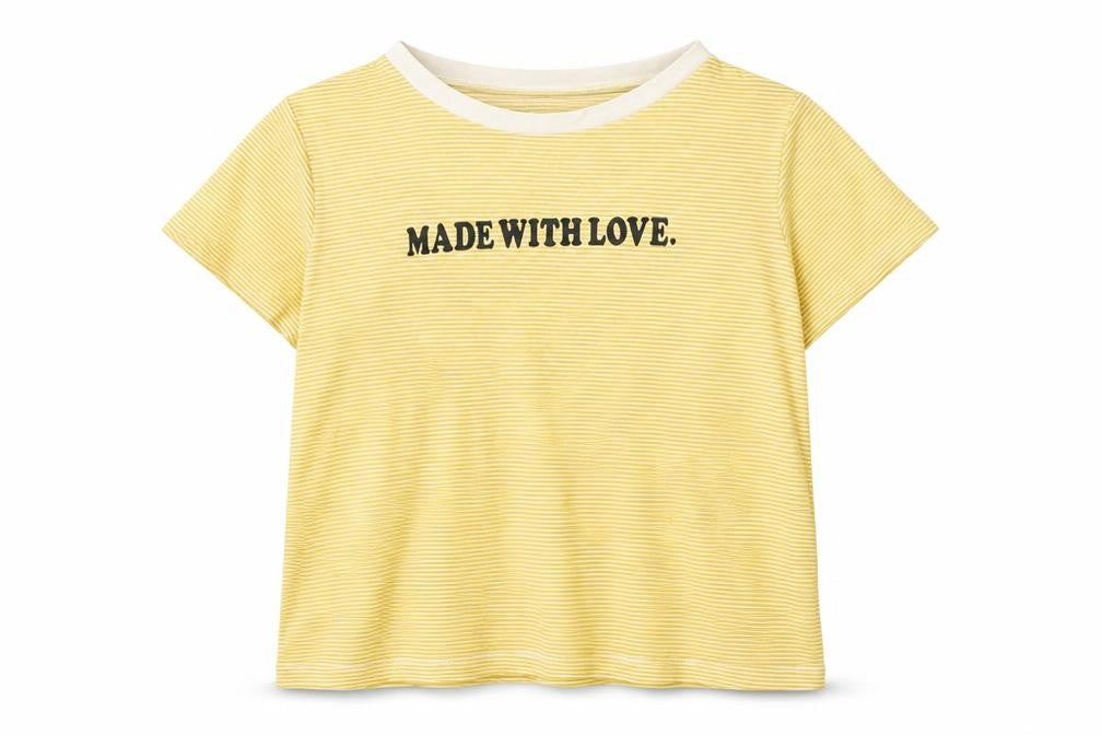 Front view of Primark women’s yellow striped jersey basic t-shirt, size UK 10, - made with love