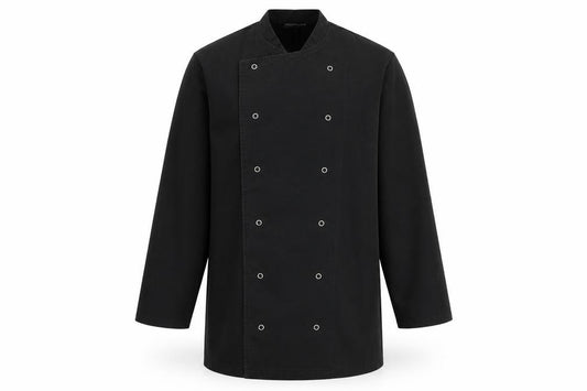 Front view of Simon Jersey men’s black button-up, size S, - chefswear