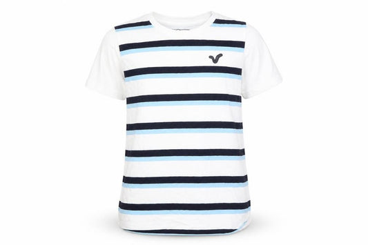 Front view of Voi boys’ white striped basic t-shirt, size 7-8, years