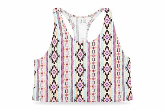 Front view of Divided women’s multicoloured geometric cropped tank, size S
