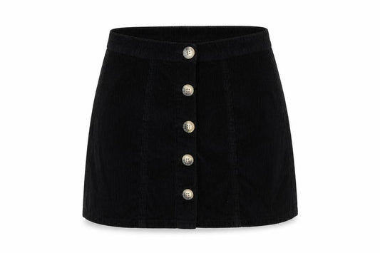 Front view of Denim & Co. women’s black corduroy a-line skirt, size UK 10