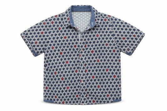 Front view of Next boys’ blue geometric basic button-up, size 4, years