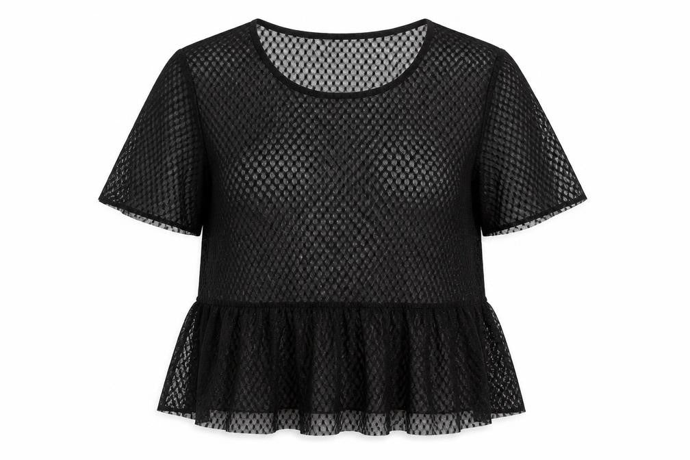 Front view of Atmosphere women’s black polka dot mesh tunic blouse, size UK 14, - peplum hem