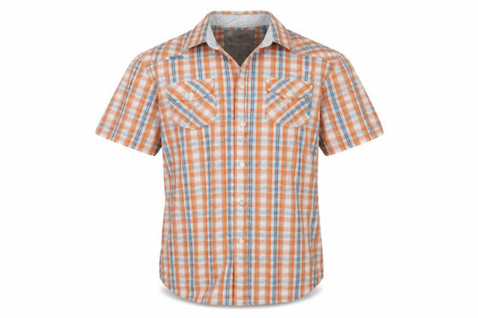 Front view of Burton men’s orange plaid button-up, size M