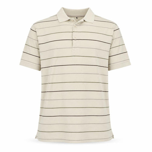 Front view of Preworn men’s beige striped polo, size XL