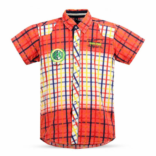 Front view of button boy boys’ red check basic button-up, size 10, years