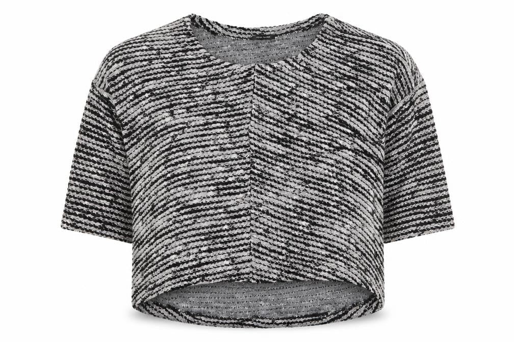 Front view of River Island women’s black cropped t-shirt, size UK 10