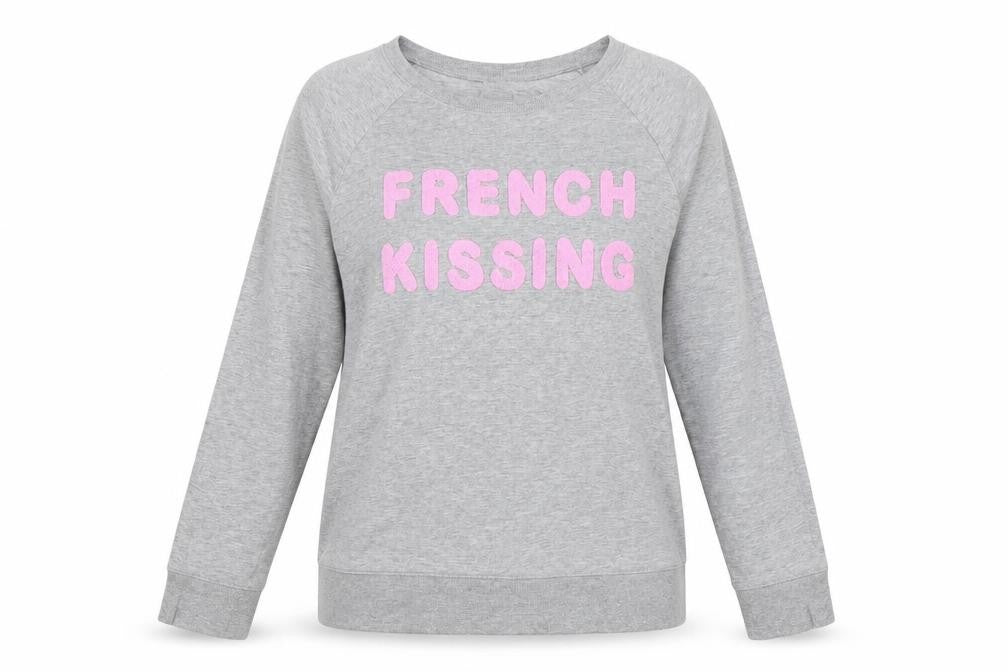 Front view of H&M women’s grey pullover sweatshirt, size M