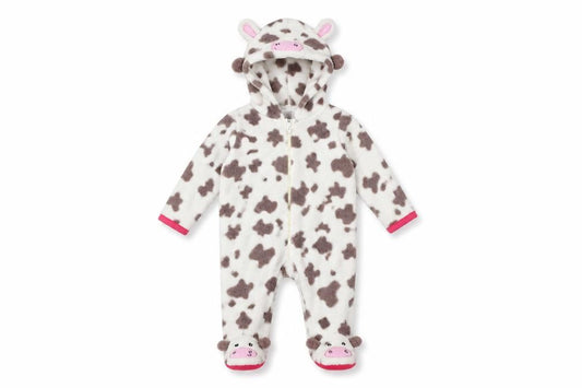 Front view of Early Days girls’ white animal print kaftan one piece, size 0-3, months - cow