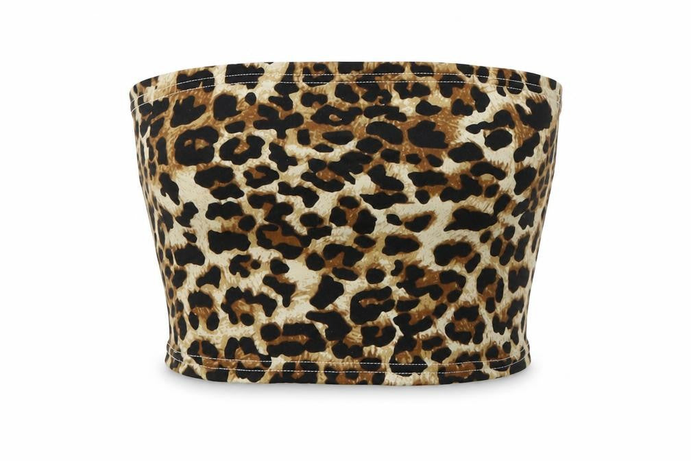 Front view of SHEIN women’s brown animal print basic t-shirt, size UK 6, - tube top