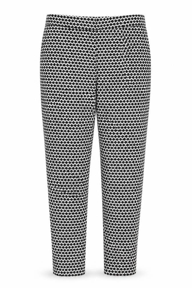 Front view of H&M women’s black geometric trousers, size UK 10, 26-inch leg