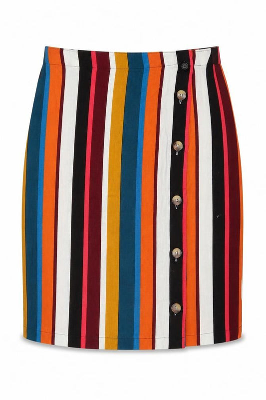 Front view of Preworn women’s blue striped straight & pencil skirt, size UK 34, in