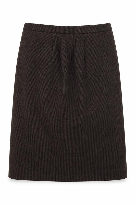 Front view of Preworn women’s brown a-line skirt, size UK 34, in