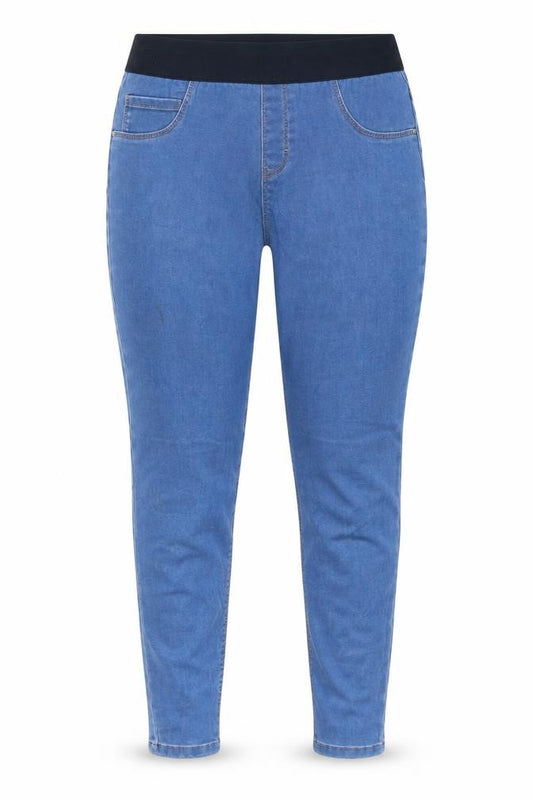 Front view of women’s blue jegging jeans, size UK 30, in, 26-inch leg