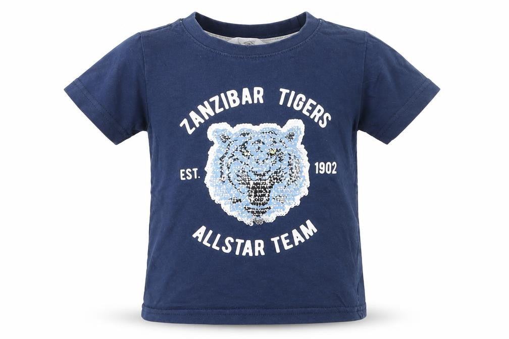 Front view of H&M boys’ blue animal print basic t-shirt, size 2-3, years