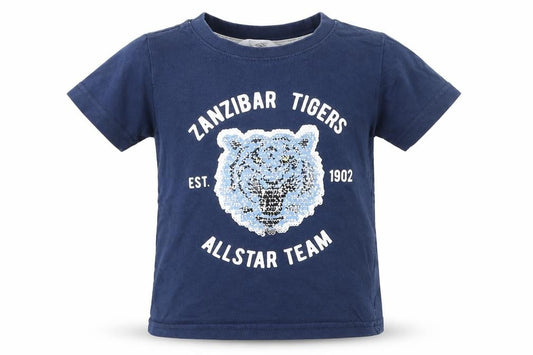 Front view of H&M boys’ blue animal print basic t-shirt, size 2-3, years