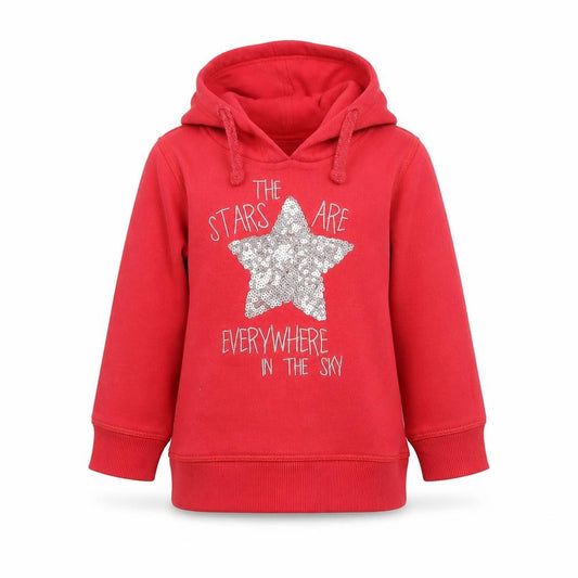 Front view of pre worrn boys’ red pullover hoodie, size 2, years