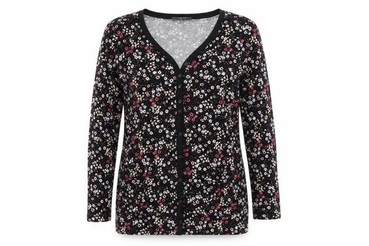 Front view of STUDIO BASICS women’s black floral cardigan jumper, size UK 8