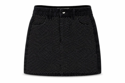 Front view of Topshop women’s black denim mini skirt, size UK 8