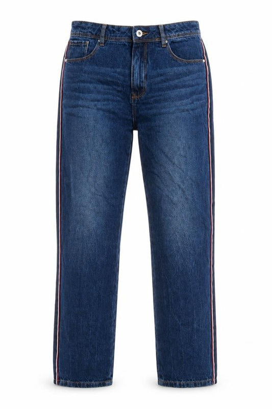 Front view of women’s blue denim straight jeans, size UK 30, in, 32-inch leg