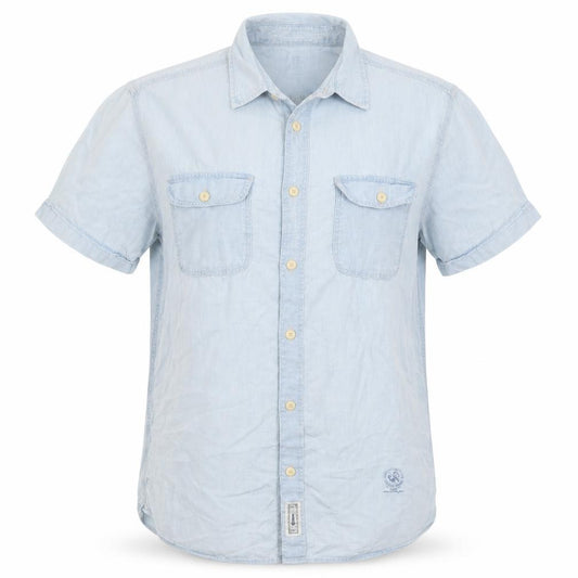 Front view of LOGG women’s blue basic button-up, size M