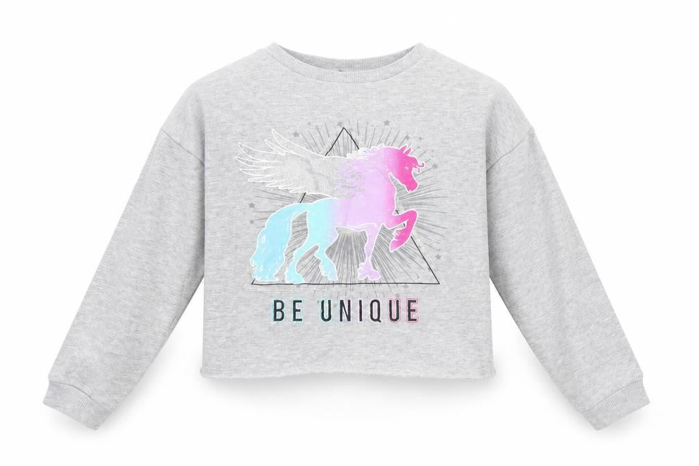 Front view of Pep&Co girls’ grey pullover sweatshirt, size 10-11, years - unicorn
