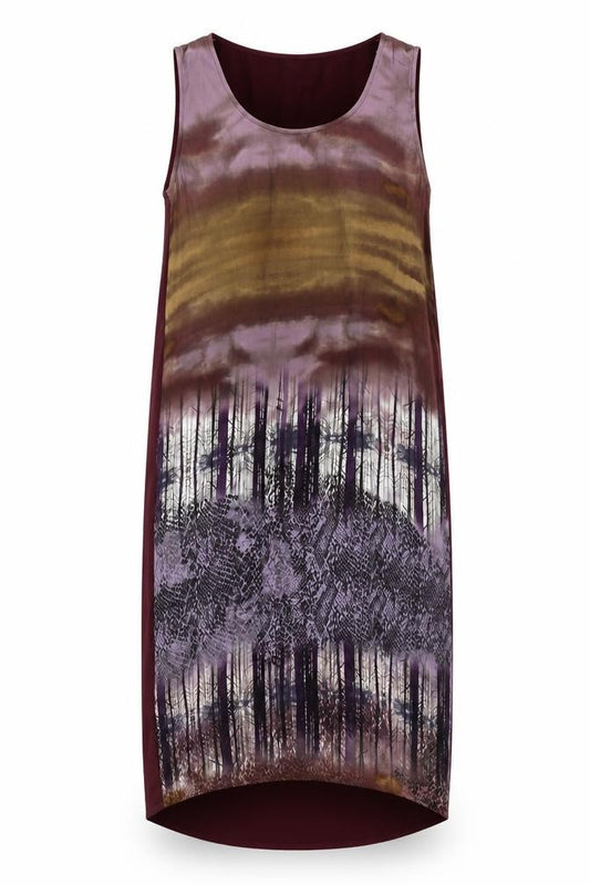 Front view of Next women’s purple chiffon tank dress, size UK 8, - woodland graphic