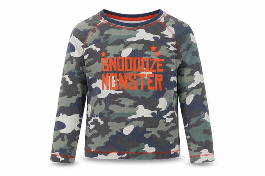 Front view of Mini Club boys’ green camouflage pyjama top, size 2-3, years
