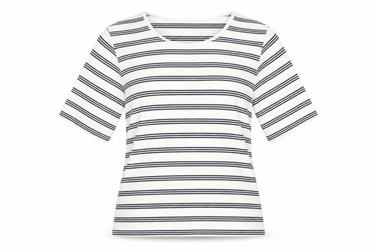 Front view of Swell women’s white striped basic t-shirt, size UK 12