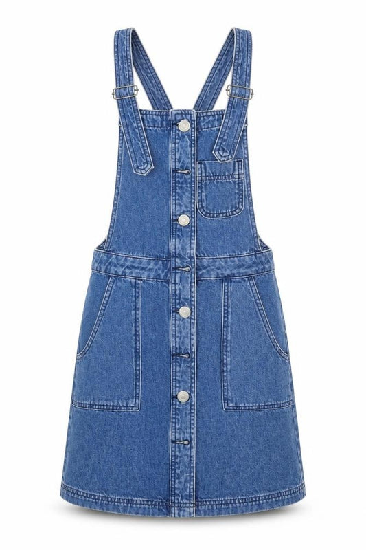 Front view of BDG women’s black pinafore/dungaree dress, size S