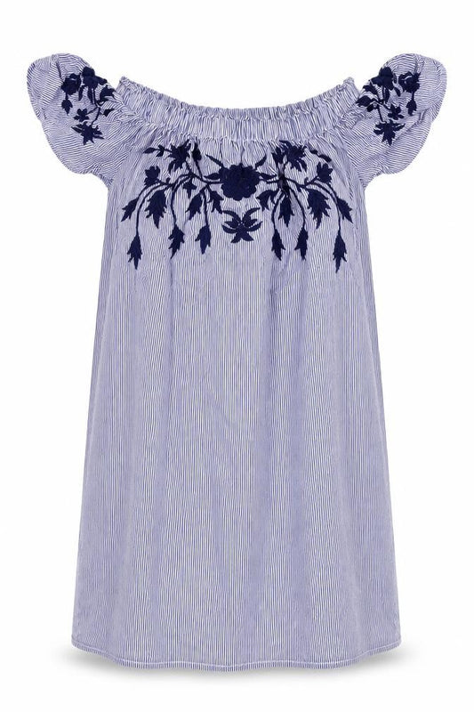 Front view of Select women’s blue striped fit & flare, size UK 10