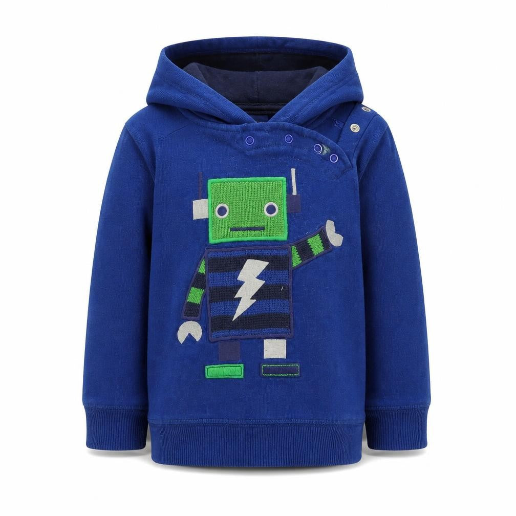 Front view of pre worn boys’ blue pullover hoodie, size S