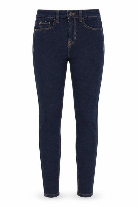Front view of Stradivarius women’s blue denim skinny jeans, size UK 4, 27-inch leg - super high waist
