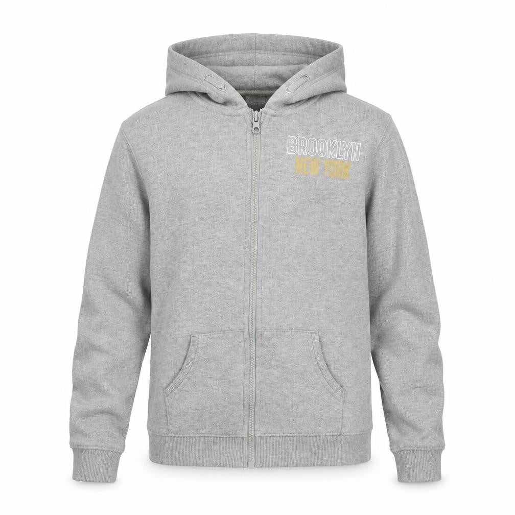 Front view of Brooklyn boys’ grey full zip hoodie, size 12-13, years