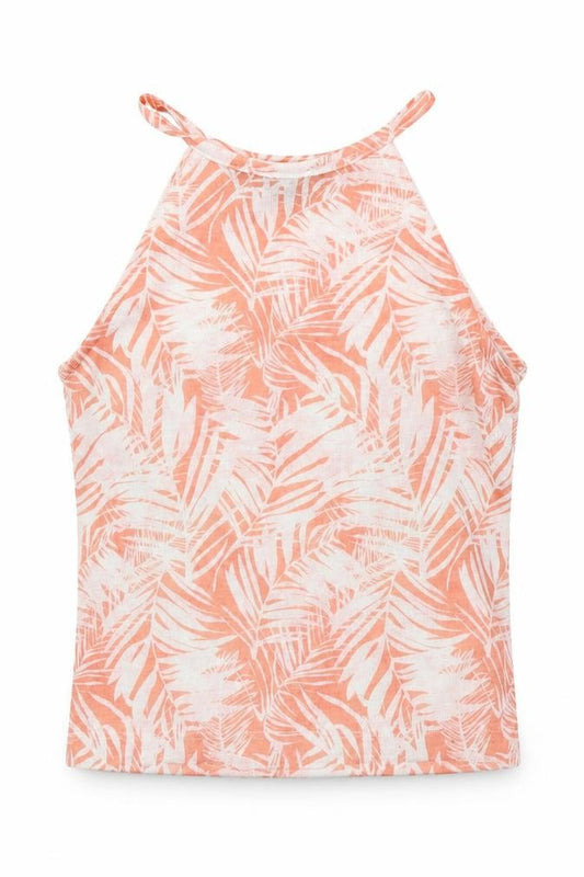 Front view of Primark women’s orange floral camisole t-shirt, size UK 8, - cropped halter