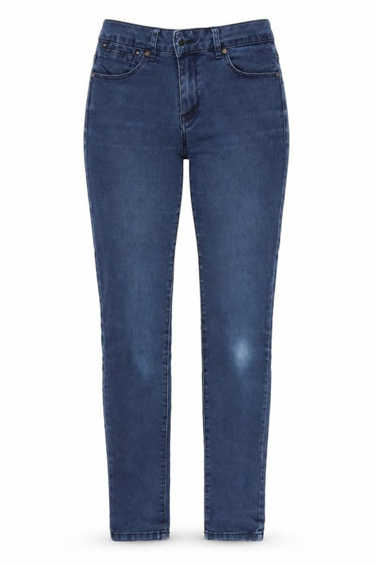 Front view of women’s blue skinny jeans, size UK 10, 29-inch leg