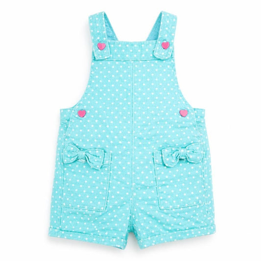 Front view of M&Co girls’ green polka dot dungaree one-piece, size 6-9, months