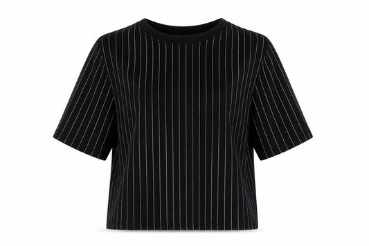 Front view of PRETTYLITTLETHING women’s black striped basic t-shirt, size UK 8