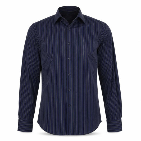 Front view of Debenhams men’s blue striped button-up, size 16