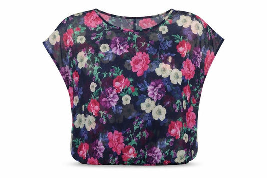 Front view of Atmosphere women’s blue floral mesh basic blouse, size UK 10