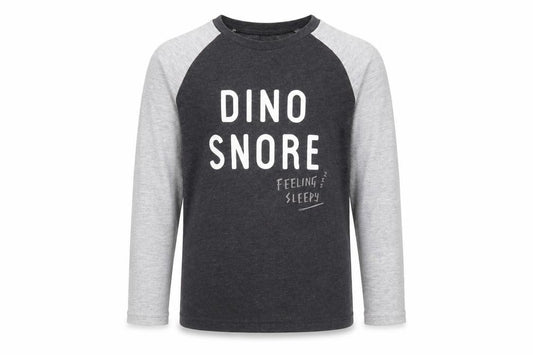 Front view of George boys’ grey solid pyjama top, size 8-9, years - dino snore graphic