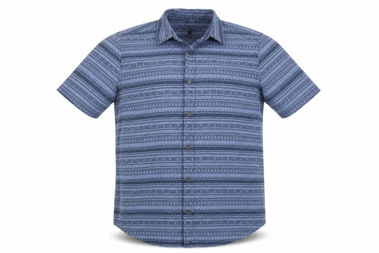 Front view of New Look men’s blue geometric button-up, size L
