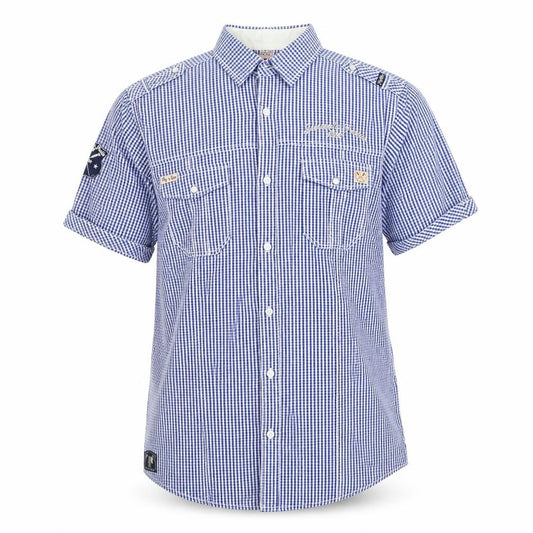 Front view of Fly Guy men’s blue check button-up, size XL