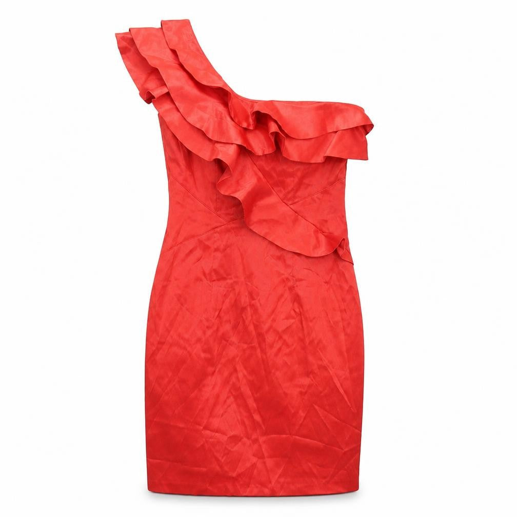 Front view of River Island women’s red striped satin bodycon, size UK 8, - ruffle, one sleeve