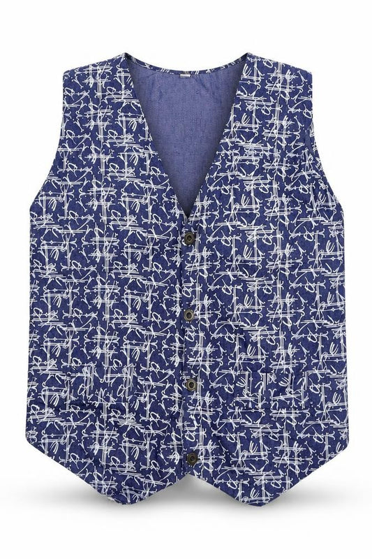 Front view of Bonobo boys’ blue floral denim vest jumper, size 2XL, - waistcoat