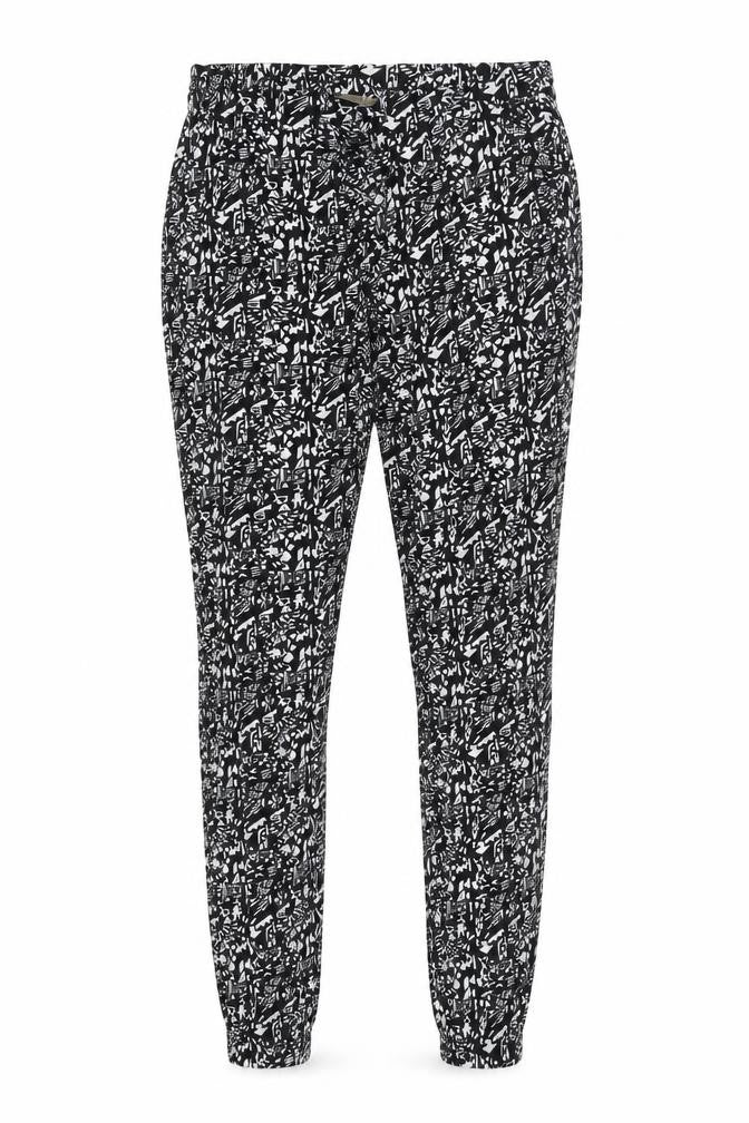 Front view of Atmosphere women’s black geometric jogger trousers, size UK 6, 28-inch leg