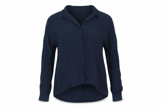 Front view of Preworn women’s blue basic button-up, size M